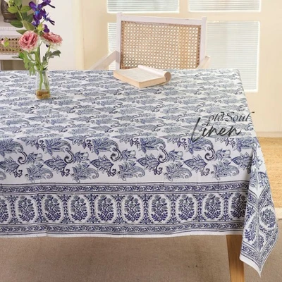 Indian Block Print Tablecloth Blue Paisley Flowers Cotton Dining Table Cover - Image 1 of 4