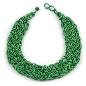 Wide Chunky Apple Green Glass Bead Plaited Necklace - 53cm L - Picture 1 of 6