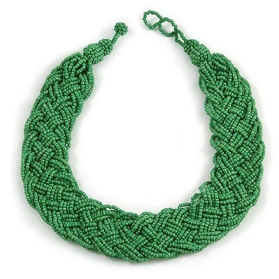 Wide Chunky Apple Green Glass Bead Plaited Necklace - 53cm L - Image 1 of 4