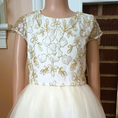 Rare Too Ivory Gold Beaded Dress 8 Formal Tulle with Cap Sleeves & Tan Sweater - Image 1 of 4
