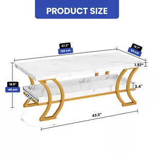 White Gold LED Coffee Table w/ Curved Metal Leg & Open Storage for Family Room - Picture 1 of 10