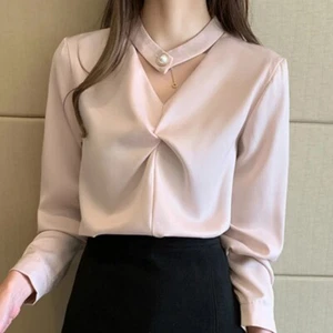 Woman Blouses Bow V-neck Chiffon Blouse Shirt Tops Clothes Long Sleeve Blouse - Picture 1 of 10