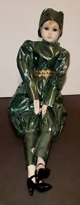 Harlequin Porcelain doll 19" Tall Green w/Black Polka-dot VINTAGE Perfect! - Picture 1 of 5
