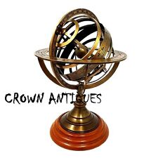 Vintage Astrolabe Armillary Brass Desktop Sphere Wooden Base Antique Gift