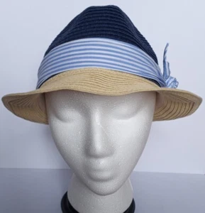 Quagga Green Label Women's Sun Hat Paper Straw Dark Blue White Stripe Ribbon - Picture 1 of 5