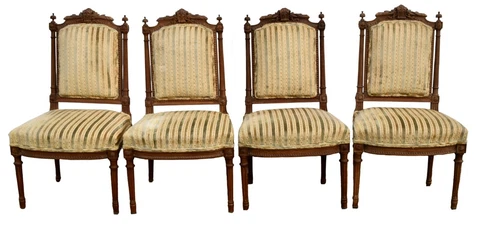 Antique French Set of Four Carved Walnut Side Dining Chairs Cover
