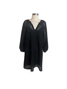 CLUB MONACO Dress Medium Black V Neck Eyelet Balloon Sleeve Peasant - Picture 1 of 7