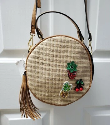 NWT $65 Neiman Marcus tan woven brown trim straps Round Zip Crossbody bag purse - Image 1 of 4