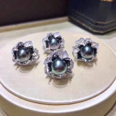 Impresionante AAA+ 9-10mm Real Natural Tahití Perla Negra Anillo Plata 925 Foto 1 de 4