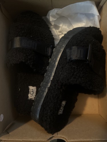 UGG FLUFFITA PANTOFOLE NERE CON PLATEAU IN PELLE DI PECORA TAGLIA 8 USA