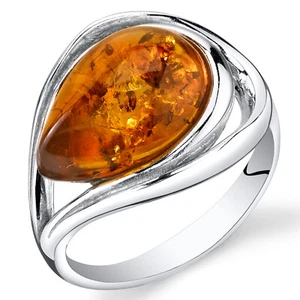 Baltic Amber Tear Drop Engagement Ring in Sterling Silver Sizes 5 to 9 - Picture 1 of 2