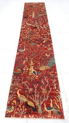 13 ft Hallway Animal birds Runner Rug Afghan Hand Knotted Wool Bedroom Rug - Image 1 of 4