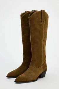 BNWT ZARA Sand Brown Split Suede Cowboy Boots Size 5/38 - Picture 1 of 10