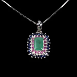 925 Sterling Silver Necklace Octagon Emerald 6x4mm Ruby Sapphire Gemstone 1 - Picture 1 of 13