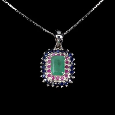 925 Sterling Silber Halskette Oktagon Smaragd 6x4mm Rubin Saphir Edelstein 18in - Bild 1 von 4