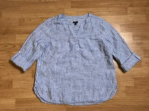 Talbots Blouse Womens LP Blue Striped Popover Button 100% Linen Roll Up Tab - Picture 1 of 13