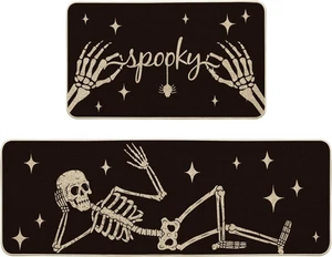 Spooky Skeleton Spider Halloween Kitchen Mats Set of 2 - Black Decor - Picture 1 of 12