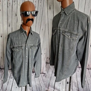 Vintage Denim Shirt -Large- Faded Black/ Grey Pearl Snap 90s Grunge Indie CD77s - Picture 1 of 11