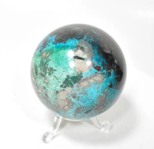 2.55" Polished SHATTUCKITE CHRYSOCOLLA SPHERE With Stand Kaokoveld Namibia S362 - Picture 1 of 10