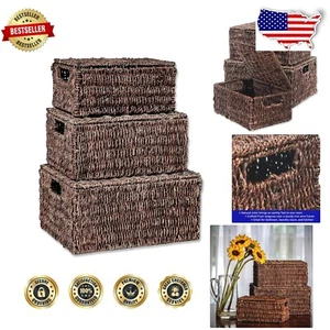 Stylish Brown Seagrass Baskets with Lids - Versatile Storage Solutions - Picture 1 of 7