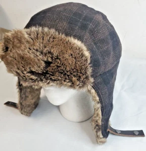 Banana Republic Plaid Trapper Hat Faux Fur Wool Blend Sz S/M Brown Unisex - Picture 1 of 19