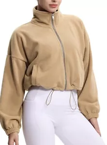New Women's Tan Teddy Fleece Sherpa Cropped Jacket Full Zip Workout Coat L - Picture 1 of 8