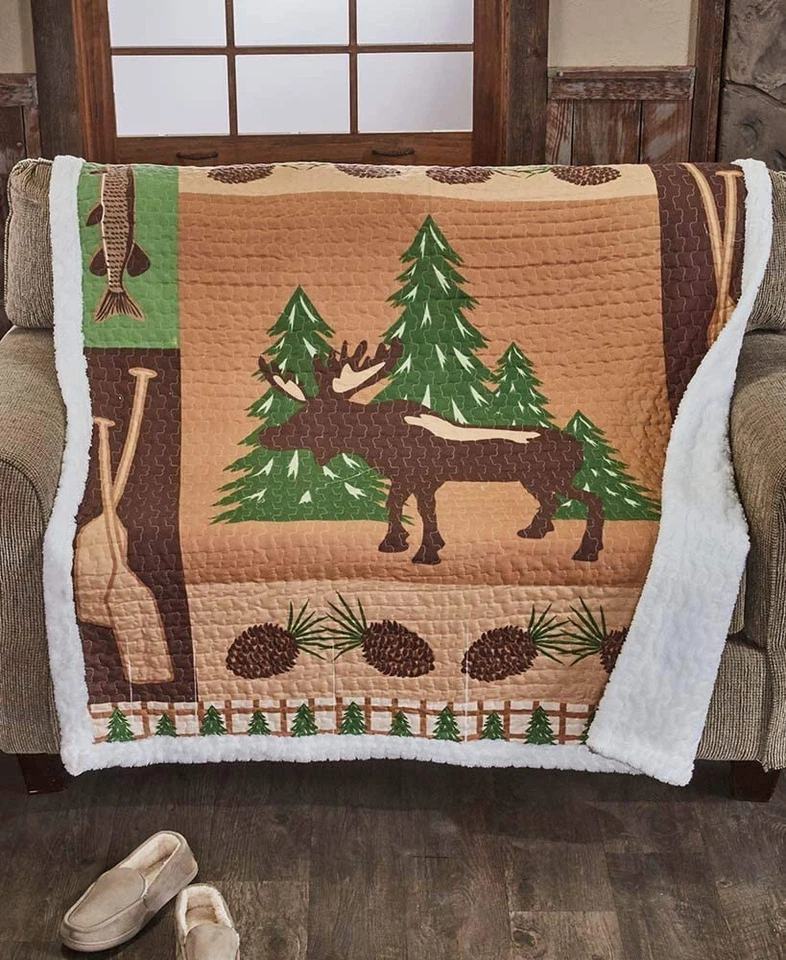 MOOSE SHERPA 50x60 QUILT THROW : FISH WILDERNESS MOUNTAIN GREEN BROWN BLANKET - Image 1 of 2