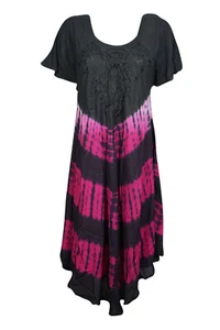 Boho Gypsy Tie Dye Pink Black Dress Loose Flared Holiday Beach CoverUp Dresses L