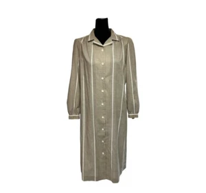 Vintage 70s Marty Gutmacher Neutral Striped Shirt Dress Button Front Size 8 Pet - Picture 1 of 16