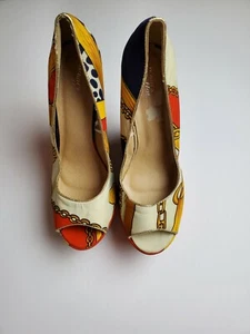 Multi Print Peep Toe Platform Wedges Gold Metallic Trim Size 7 - Picture 1 of 12