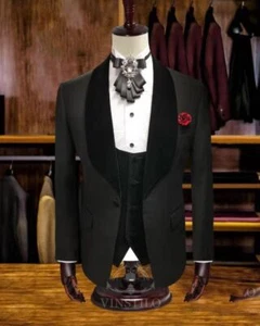 Men Black Velvet Vest Shawl Lapel Formal Party Groom Prom Tuxedo Wedding Suit - Picture 1 of 8