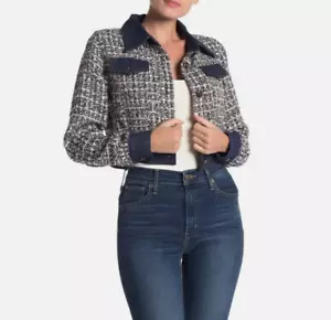 Gracia Crop Jacket Tweed Denim Blue Silver Glitter Contrast Denim Sz M NWT $143 - Picture 1 of 12