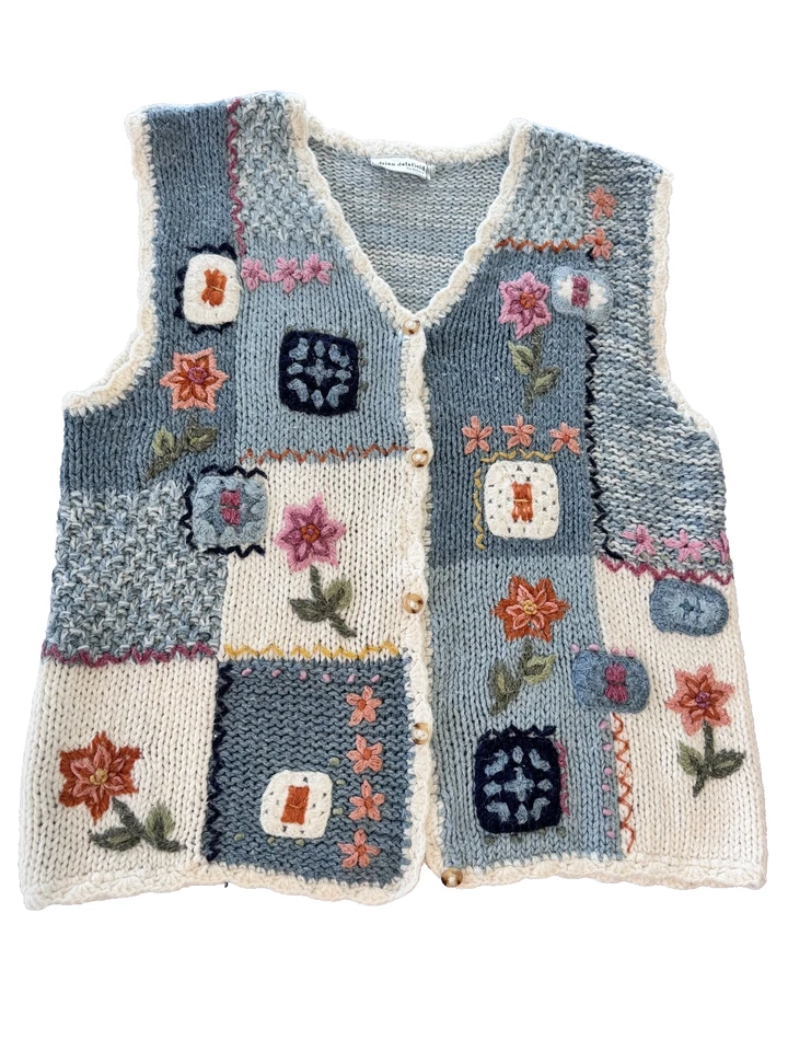 VTG Adrian Delafield Haband Sweater Vest Floral Patch Crochet Cottagecore Small - Image 1 of 4