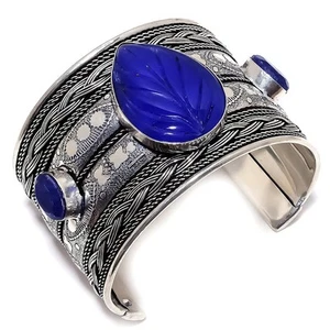 Blue Simulated Gemstone 925 Sterling Silver Cuff Bracelet Adjustable - Picture 1 of 5