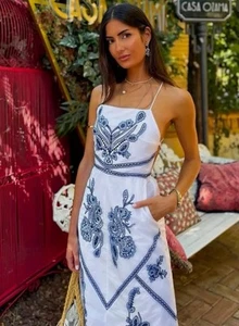 ZARA Blue & White Cotton Embroidered Midi Maxi Dress Size L 5107/259 - Picture 1 of 4