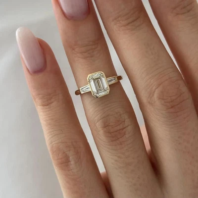 1.50 Carat Emerald Cut E VVS2 Lab Grown Diamond Art Deco 3 Stone Engagement Ring - Image 1 of 4