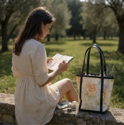 Maxx New York Rattan Tote Bag – Floral Rose Print with Brown Leather Trim - Image 1 of 4