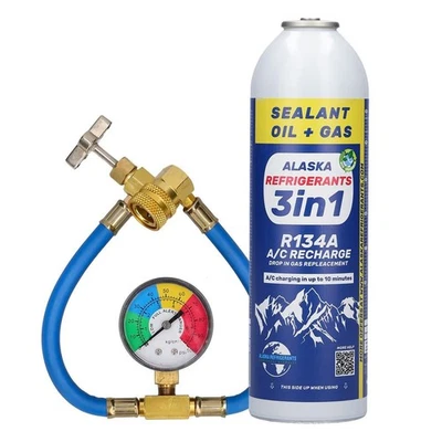 3en1 Réfrigérant de remplacement HC134a,huile PAG100, colmatant de fuites+tuyau - Photo 1/4