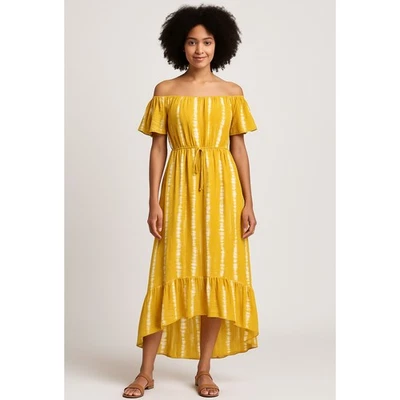 Vestido para mujer Blue Island sin hombros amarillo tie dye talla L boho con volantes dobladillo Foto 1 de 4