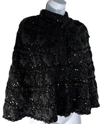 Poncho abierto recortado forrado XL capa de noche con cuentas negras de colección elegancia romántica Foto 1 de 4