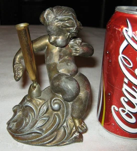 ANTIQUE ART NOUVEAU CHERUB ANGEL DESK INKWELL ART PEN PENCIL STATUE SIGN HOLDER - Picture 1 of 6