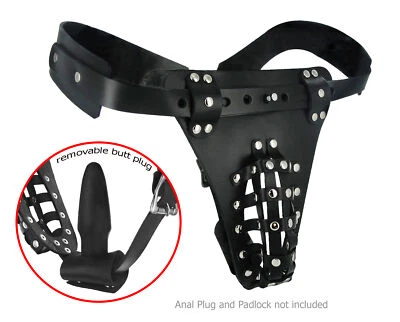 Leather Male Chastity Belt With Butt Plug Harness Cock Cage Net Sex Toy for Men - Image 1 of 3