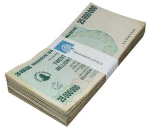 Simbabwe 25 Millionen Dollar Trägerscheck, 2008, P-56 gebraucht x 100 STCK. Konvolut Pack - Bild 1 von 3