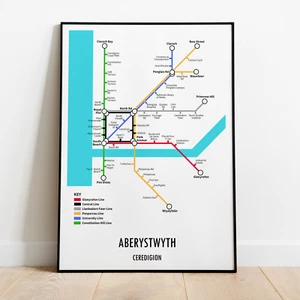Aberystwyth Ceredigion Wales unterirdischer Stil Transport Kunst Karte Druck A3 A4 - Bild 1 von 3