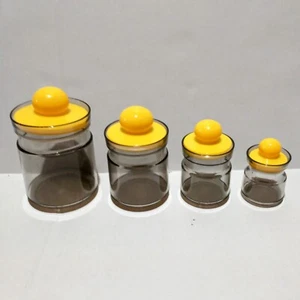 Vtg Smokey Acrylic Storage Jars-Set Of 4-Yellow Bubble Lids-Kitchen-Office-Craft - Picture 1 of 14