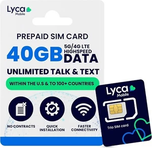 Lycamobile Prepaid SIM Card 40GB 4G/5G Unlimited Data-Talk,Text to 100 Countries - Picture 1 of 7