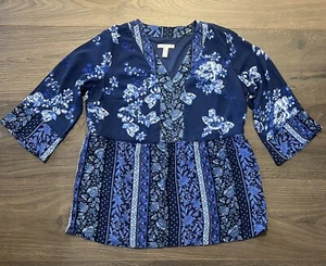 Isaac Mizrahi Live! Printed Crinkle Chiffon Blouse Royal Navy Size 6 *NEW* - Picture 1 of 3
