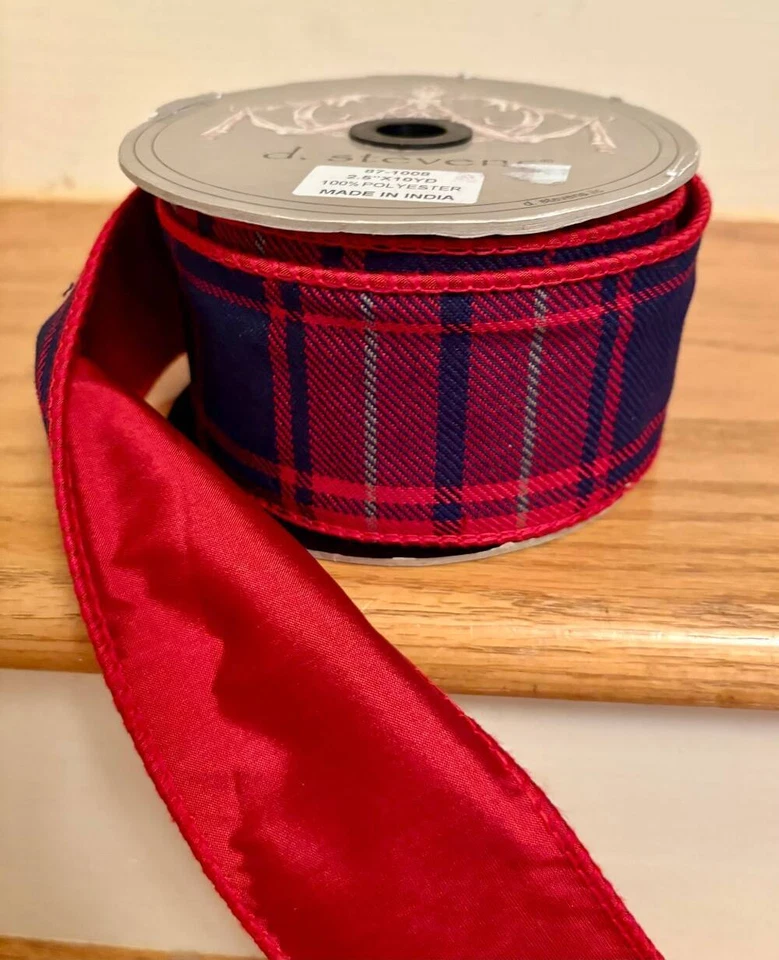 D STEVENS~2.5" RED/NAVY PLAID~RED ANTIQUE SATIN BACK~WIRED RIBBON SPOOL~10 YDS~N - Image 1 of 1