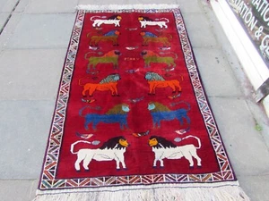 Vintage Traditional Hand Made Oriental Gabbe Wool Red Rug 189x118cm Animal Lion - Picture 1 of 12