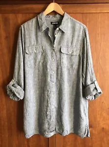 Lands’ End Pure Linen Roll-Tab Sleeve Blouse/Shirt Size L Blue Summer Loose Fit - Picture 1 of 17